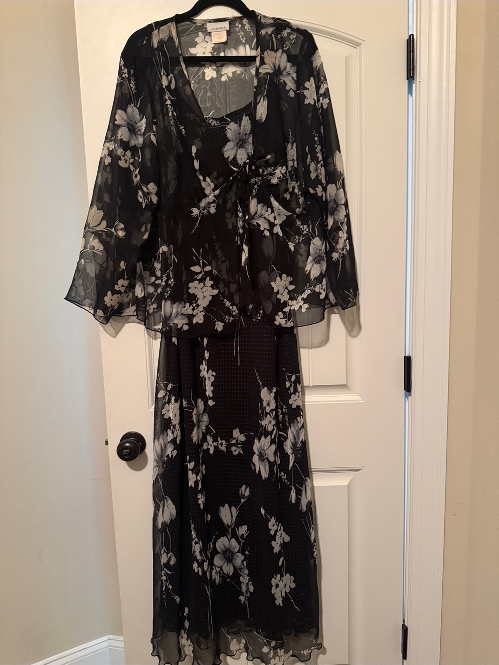 Avenue Black and White Floral Midi Dress with Sheer Overlay